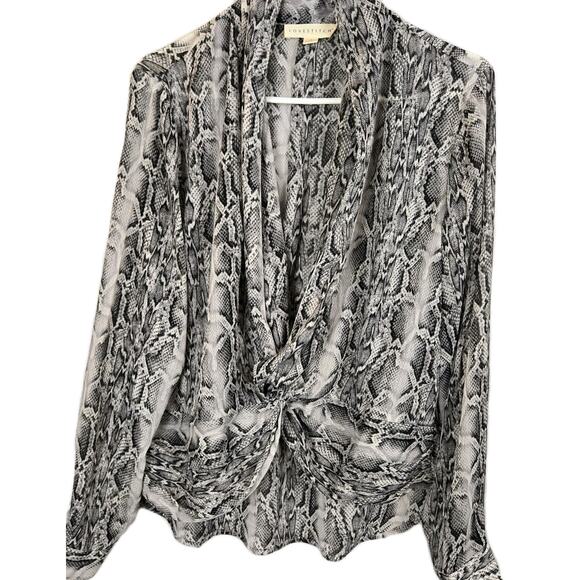 Lovestitch Snake Print Wrap Blouse LARGE Black Ivory Hi-Low Flowy Sheer Boho - Picture 2 of 7